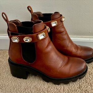 Steve Madden Brown Leather Chelsea Boots with Decorative Jewel Strap